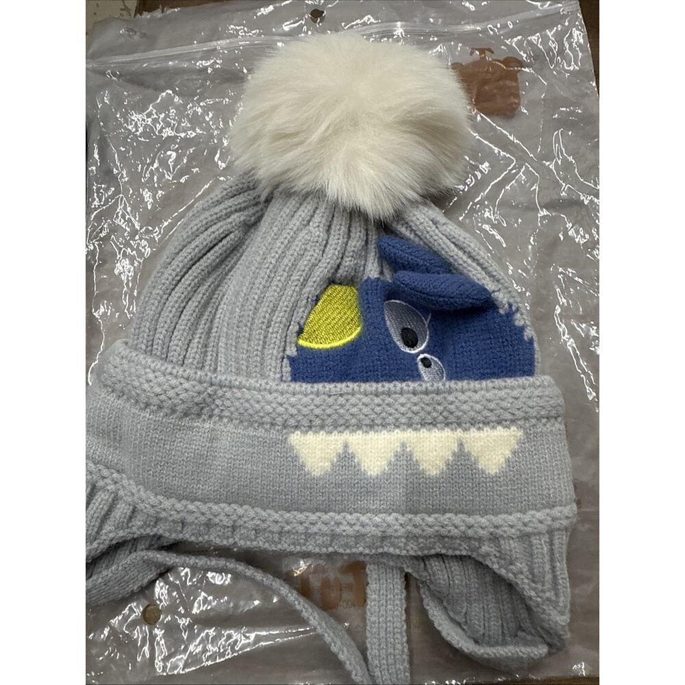 Baby Toddler Winter Hat With Puff Grey AND NAVY 44 Cm